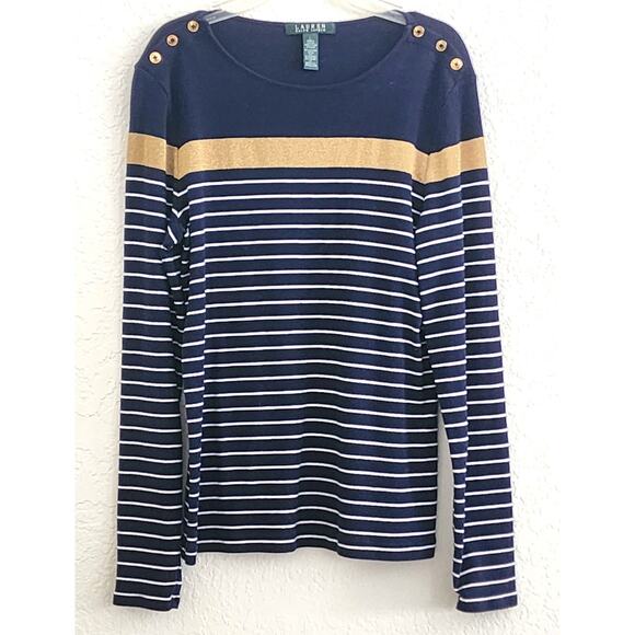 SWEATER/KNIT-LAUREN-RALPH LAUREN-Navy Blue White Strip-Gold Metallic-Size LRG - Picture 1 of 13